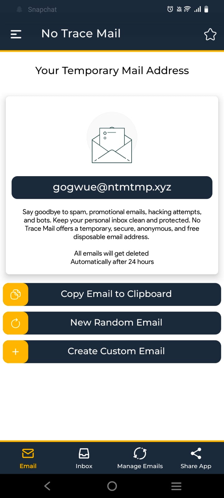 no trace mail temp mail app home screen