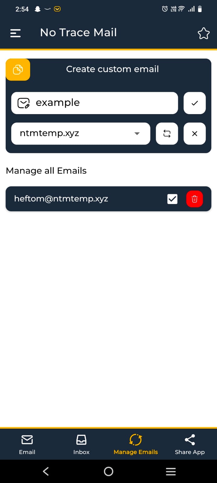 no trace mail temp mail app custom email screen